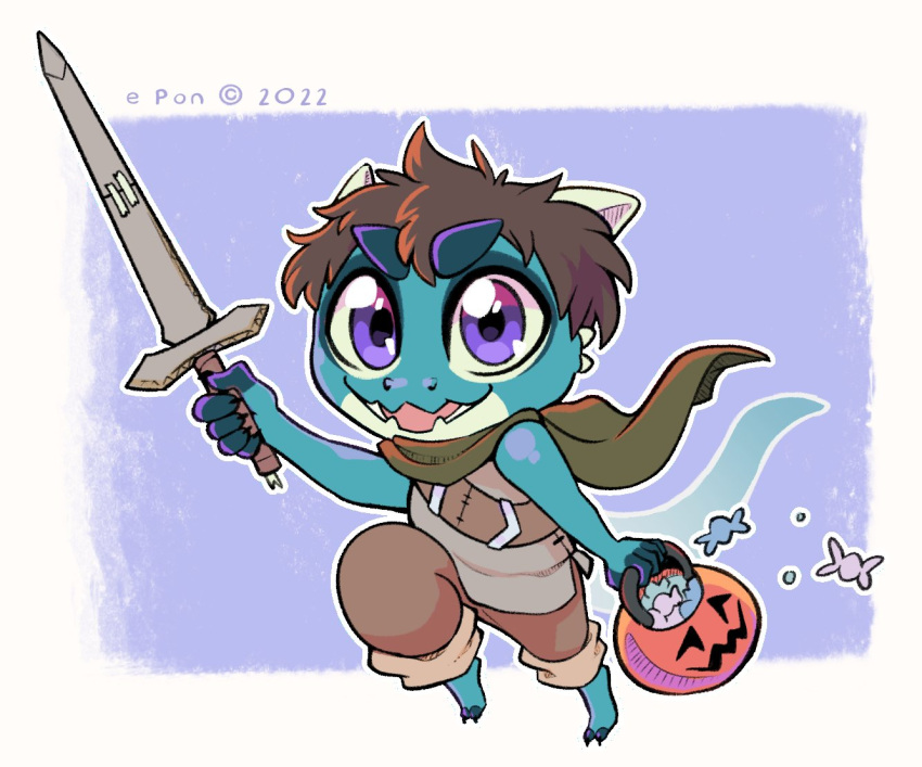 anthro brown_hair candy candy_bucket clothed clothing costume dessert digital_media_(artwork) dragon e-pon food fully_clothed hair halloween holding_object holding_weapon holidays horn longsword looking_at_viewer male melee_weapon open_mouth purple_eyes simple_background smile solo standing sword tail tnarg_mah weapon young