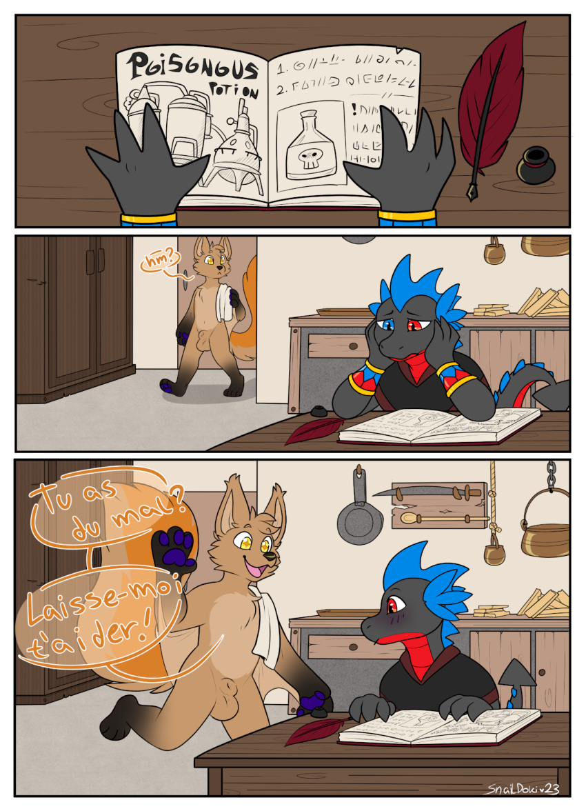 animal_genitalia anthro armlet azariah_(comic) balls blush blush_lines book comic corops_blackscale dialogue dragon duo ecu_(character) flying_squirrel french_text gem genitals hi_res male male/male mammal medieval_fantasy pawpads pen potion purple_pawpads rodent ruby_(gem) sapphire_(gem) scalie sciurid sheath snaildoki speech_bubble star_eyes studying tail text towel wingless_dragon yellow_eyes