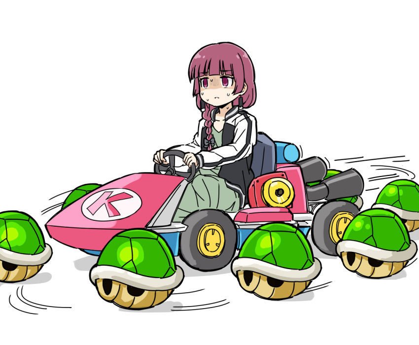 1girl black_jacket bocchi_the_rock! bow braid braided_ponytail dress driving earrings gloom_(expression) go-kart green_dress green_shell_(mario) hair_bow hiroi_kikuri jacket jewelry long_hair long_sleeves mario_(series) mario_kart nervous_sweating open_clothes open_jacket purple_eyes purple_hair simple_background solo speed_lines sweat torako_(toramaru) white_background