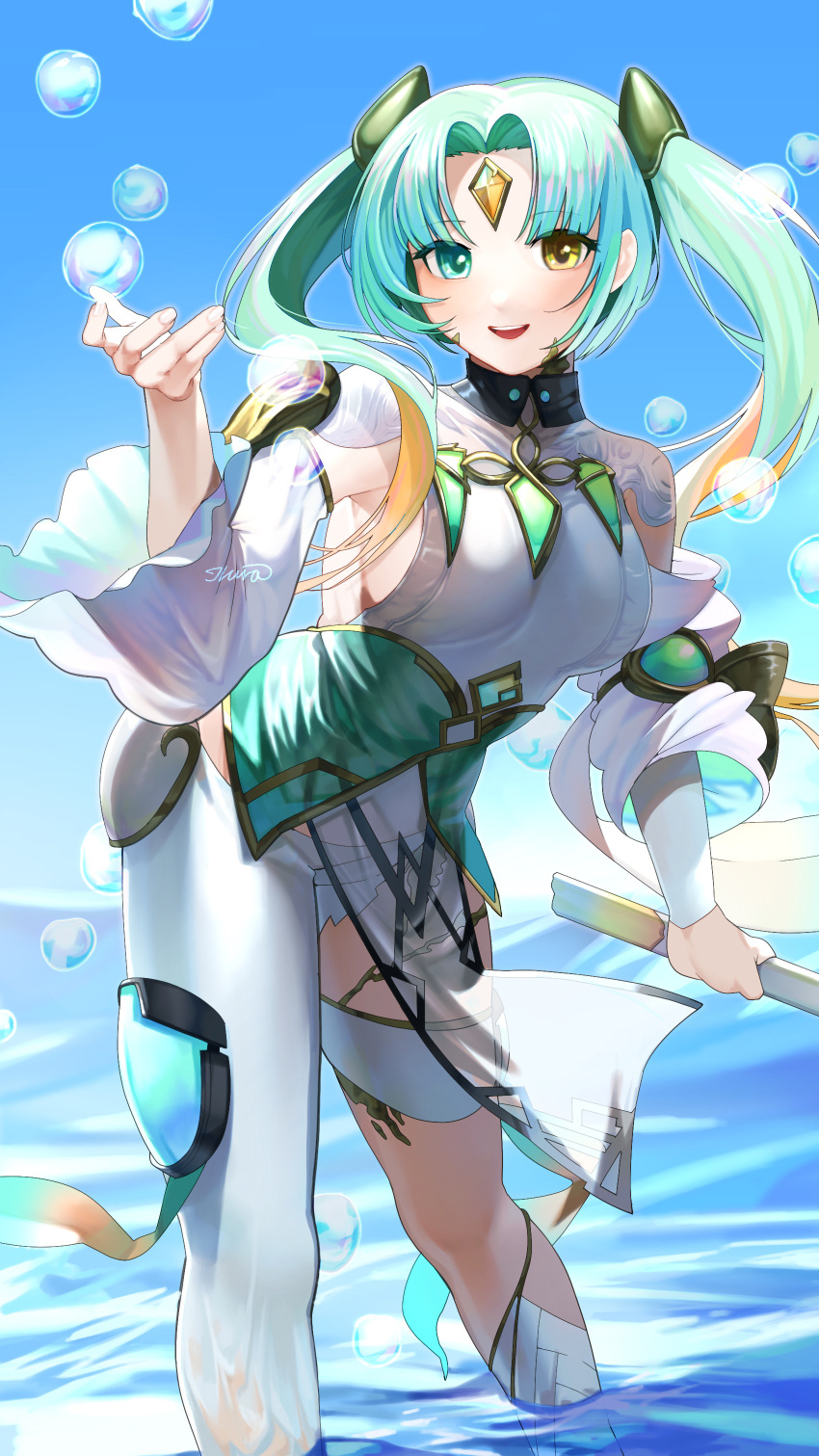 1girl :d absurdres asymmetrical_clothes blue_sky breasts bubble cowboy_shot fire_emblem fire_emblem_heroes forehead_jewel gradient_clothes gradient_hair green_hair hair_ornament heidr_(fire_emblem) heterochromia highres holding holding_staff ikura_(downdexp) long_hair looking_at_viewer multicolored_hair orange_hair partially_submerged pelvic_curtain single_pantsleg sky smile solo staff thigh_strap thighs twintails water yellow_eyes