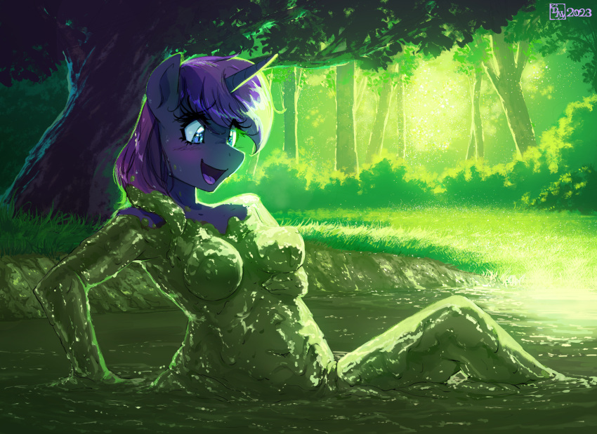 2023 anthro blue_eyes breasts doronkomajo equid equine eyebrows eyelashes fan_character female forest fur glistening hair hasbro hi_res horn jungle mammal medium_breasts mud mud_bath muddy my_little_pony nipples nude open_mouth open_smile outside plant purple_body purple_fur purple_hair sitting smile solo tree unicorn