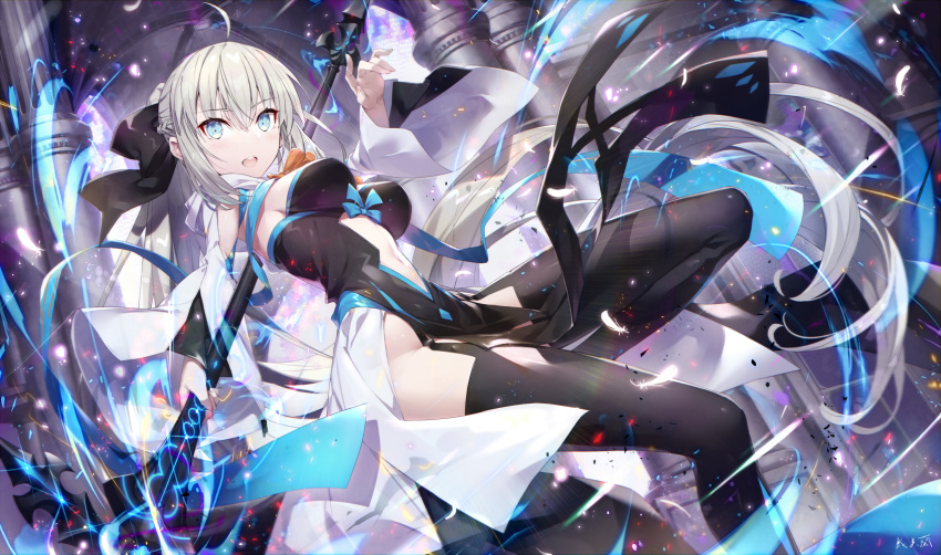 1girl black_bow black_dress black_footwear blue_eyes boots bow braid breasts center_opening cleavage dress fate/grand_order fate_(series) french_braid gabiran grey_hair hair_bow highres large_breasts long_hair long_sleeves looking_at_viewer morgan_le_fay_(fate) navel open_mouth pelvic_curtain ponytail sidelocks solo staff thigh_boots thighs two-tone_dress very_long_hair white_dress wide_sleeves