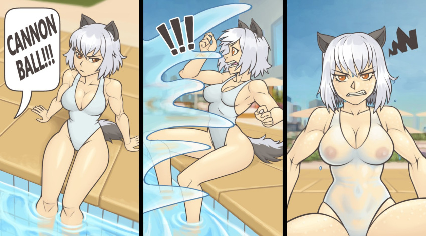 angry animal_ears animal_humanoid animal_tail annoyed areola badger_humanoid big_breasts breasts brown_eyes cleavage clenched_teeth clothed clothing dialogue exclamation_point female grey_clothing grey_hair grey_swimwear guilhermerm hair hi_res hitomi_uzaki honey_badger_humanoid humanoid killing_bites mammal mammal_humanoid mustelid mustelid_humanoid musteline musteline_humanoid navel_outline nipples one-piece_swimsuit open_mouth pink_areola pink_nipples short_hair sitting solo speech_bubble splashing_water surprise swimwear tan_body tan_skin teeth text thick_thighs translucent translucent_clothing translucent_swimwear wardrobe_malfunction wet wet_swimwear wide_hips