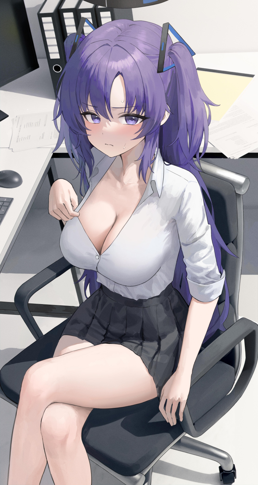 1girl absurdres black_skirt blue_archive breasts chair cleavage closed_mouth crossed_legs cubicle damcheong desk halo highres large_breasts long_hair looking_at_viewer miniskirt monitor mouse_(computer) office_chair paper pleated_skirt purple_eyes purple_hair shirt sitting skirt solo sweat swivel_chair thighs two_side_up v-shaped_eyebrows very_long_hair white_shirt yuuka_(blue_archive)