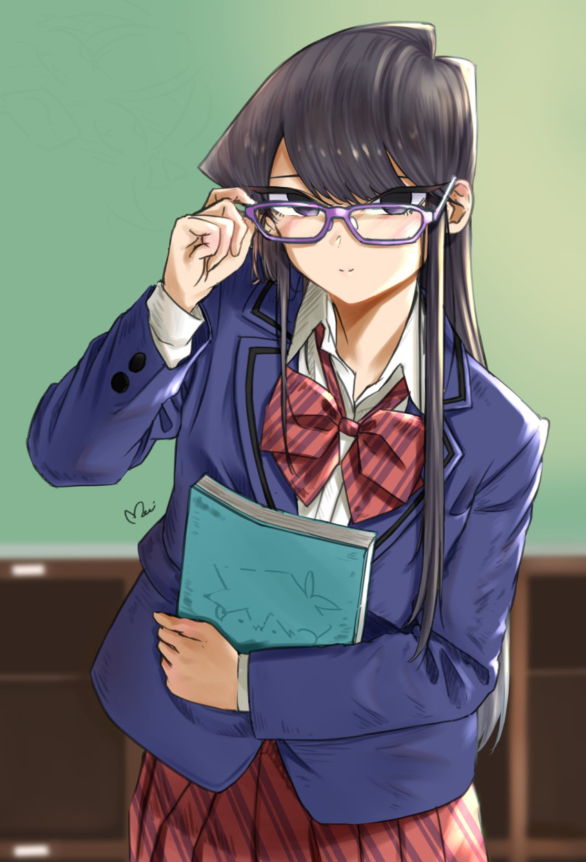 1girl adjusting_eyewear bangs bespectacled black_eyes black_hair blazer blue_jacket blurry blurry_background book bow bowtie buttons closed_mouth collared_shirt diagonal-striped_bowtie diagonal-striped_skirt empty_eyes expressionless glasses hair_over_shoulder hand_up highres holding holding_book indoors jacket komi-san_wa_komyushou_desu komi_shouko lapels long_hair long_sleeves looking_at_viewer mitsugu notched_lapels open_collar pleated_skirt purple-framed_eyewear red_bow red_bowtie red_skirt school_uniform shirt signature single_stripe skirt solo tsurime upper_body white_shirt