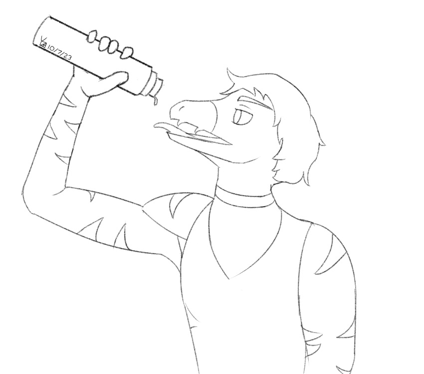 2023 anthro black_and_white clothing dated dinosaur dromaeosaurid fingers goodbye_volcano_high hair hi_res male monochrome reed_(gvh) reptile scalie shirt short_hair signature snoot_game snout solo tank_top thermos theropod tongue tongue_out topwear velociraptor yellingbox