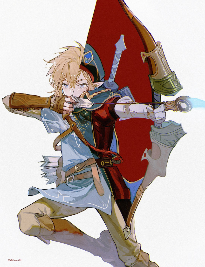 1boy akihare arrow_(projectile) artist_name blonde_hair blue_cape blue_headwear blue_shirt blue_tunic boots bow_(weapon) brown_footwear brown_gloves brown_pants cape closed_mouth commentary covered_mouth drawing_bow earrings english_commentary feet_out_of_frame fingerless_gloves gloves hat highres holding holding_bow_(weapon) holding_weapon jewelry knee_boots link looking_at_viewer male_focus master_sword outstretched_arm pants pointy_ears quiver red_background red_shirt royal_guard_set_(zelda) running shirt simple_background solo split_theme standing standing_on_one_leg sword sword_on_back tabard the_legend_of_zelda tunic weapon weapon_on_back white_background white_gloves