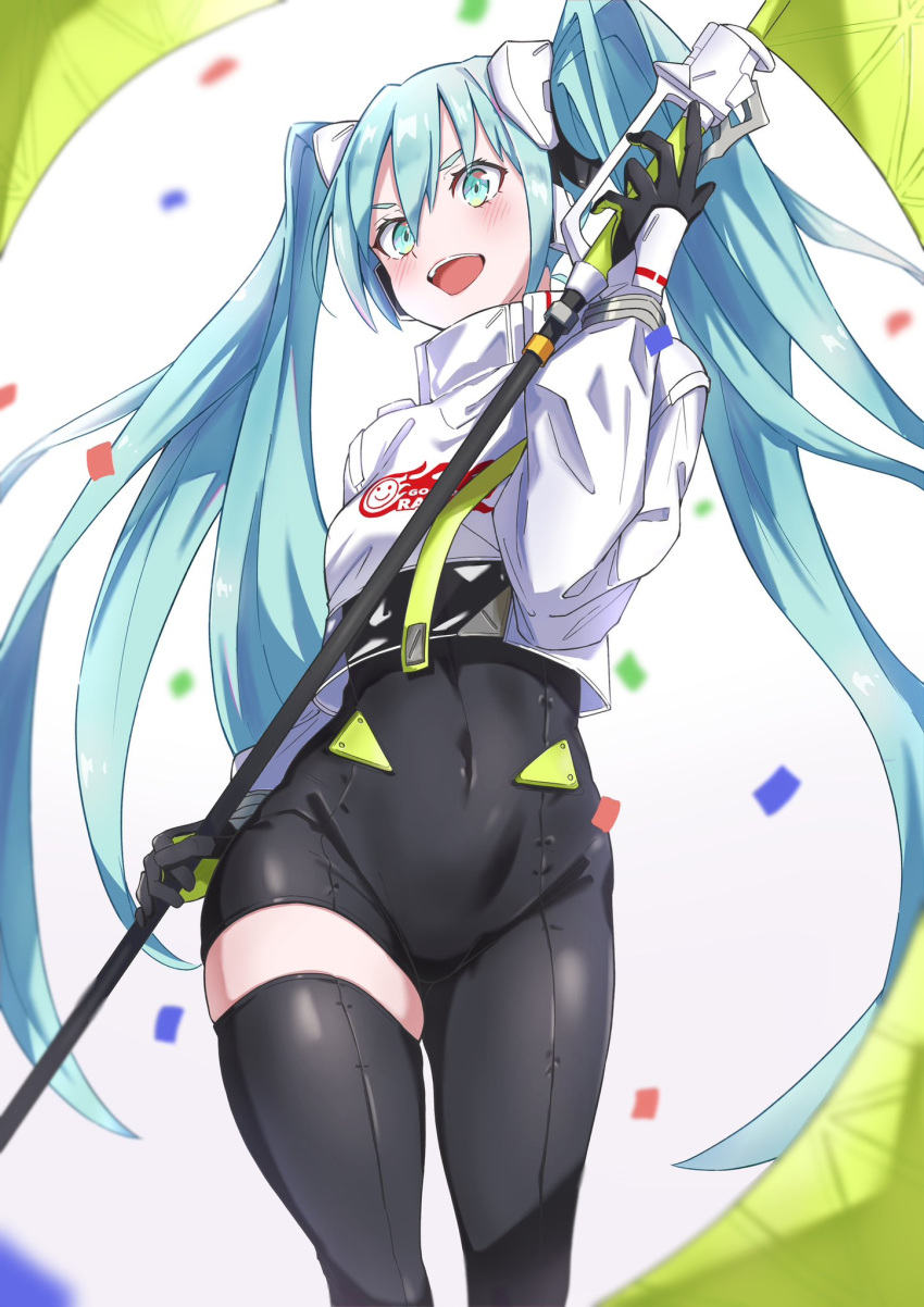 1girl 39 aqua_eyes aqua_hair asymmetrical_bodysuit black_bodysuit black_gloves bodysuit boots covered_navel crop_top crop_top_overhang cropped_jacket flag flagpole flame_print gloves goodsmile_racing green_gloves hair_between_eyes hair_ornament hatsune_miku highres holding holding_flag holding_pole jacket long_hair long_sleeves miku_day open_mouth pole racing_miku racing_miku_(2022) showhey!! simple_background single_leg_bodysuit single_thigh_boot single_thighhigh skindentation smiley_face solo text_print thigh_boots thighhighs twintails two-tone_gloves very_long_hair vocaloid white_background white_jacket