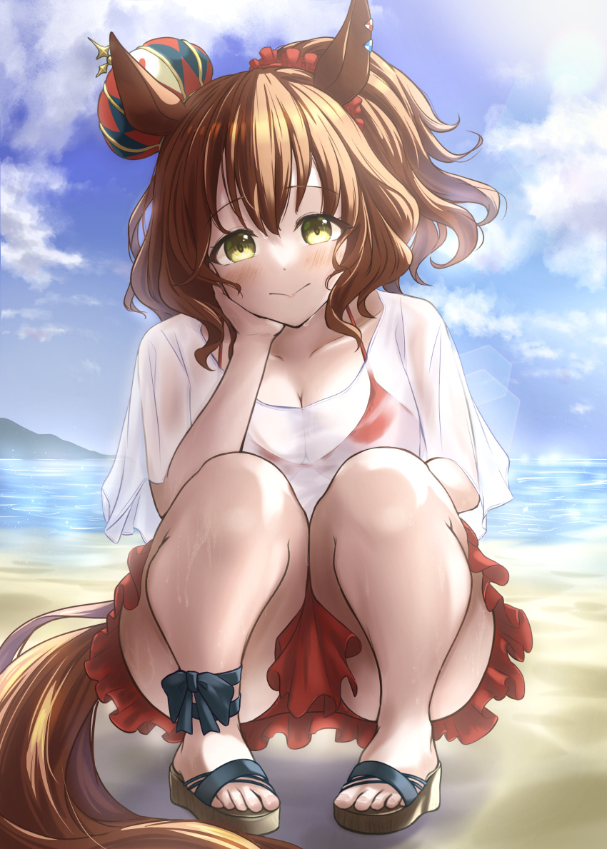 1girl absurdres animal_ears aston_machan_(umamusume) beach bikini blush breasts brown_hair cloud cloudy_sky frilled_skirt frills green_eyes highres horse_ears horse_girl horse_tail kokage_yugure looking_at_viewer medium_breasts medium_hair ocean sandals see-through skirt sky smile solo squatting swimsuit tail umamusume