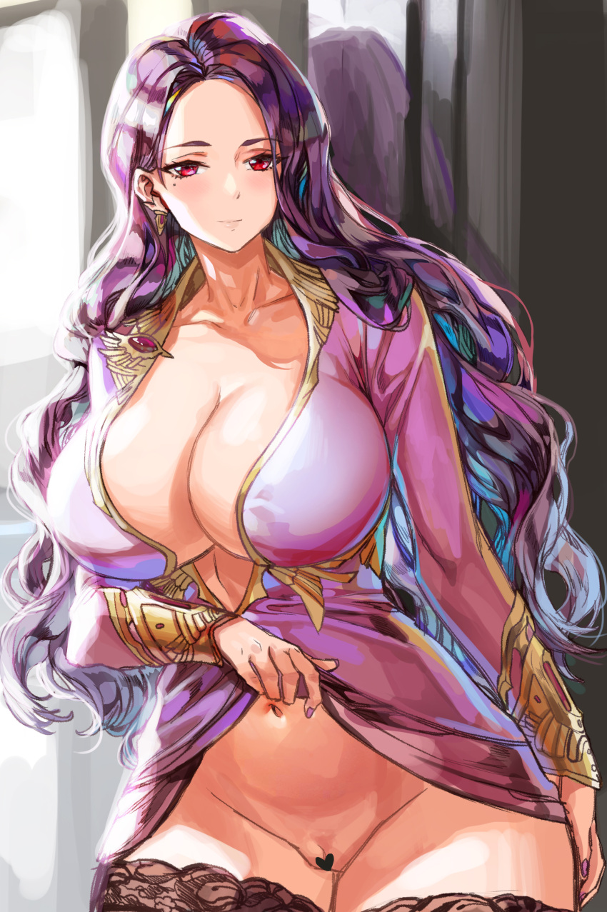 1girl absurdres black_thighhighs blush breasts censored cleavage clothes_lift collarbone dress dress_lift forehead greatwhite1122 groin heart heart_censor highres huge_breasts last_origin lemonade_alpha lifted_by_self light_smile long_hair looking_at_viewer mole mole_under_eye navel no_panties plunging_neckline purple_dress purple_hair pussy pussy_peek red_eyes solo stomach thighhighs very_long_hair