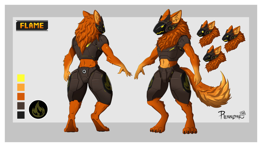 16:9 anthro armor border cybernetics expressions fire front_view fur headgear hi_res machine male model_sheet orange_body orange_fur protogen rear_view rennzoar solo visor white_border widescreen