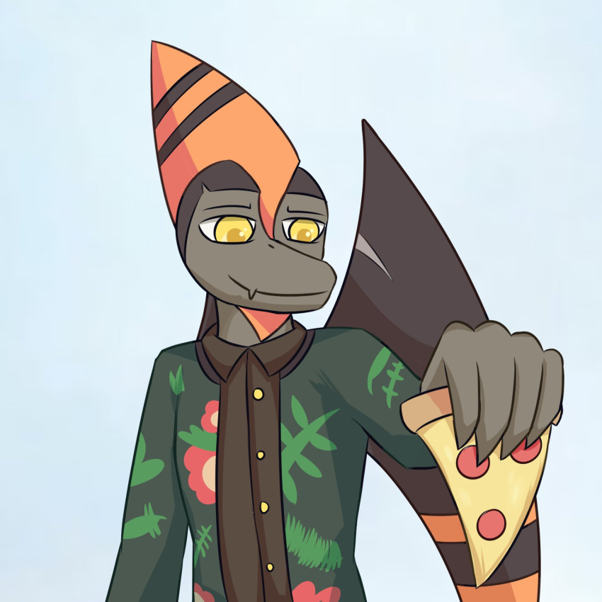 1:1 2023 anthro brown_body brown_hair brown_scales claws clothing digital_drawing_(artwork) digital_media_(artwork) dinosaur dress_shirt fingers food goodbye_volcano_high hair head_crest hi_res jacket male naser_(gvh) pizza pizza_slice pterodactylus pterosaur reptile scales scalie scar shattercore03 shirt short_hair simple_background smile snoot_game_(fan_game) snout solo topwear wings yellow_eyes