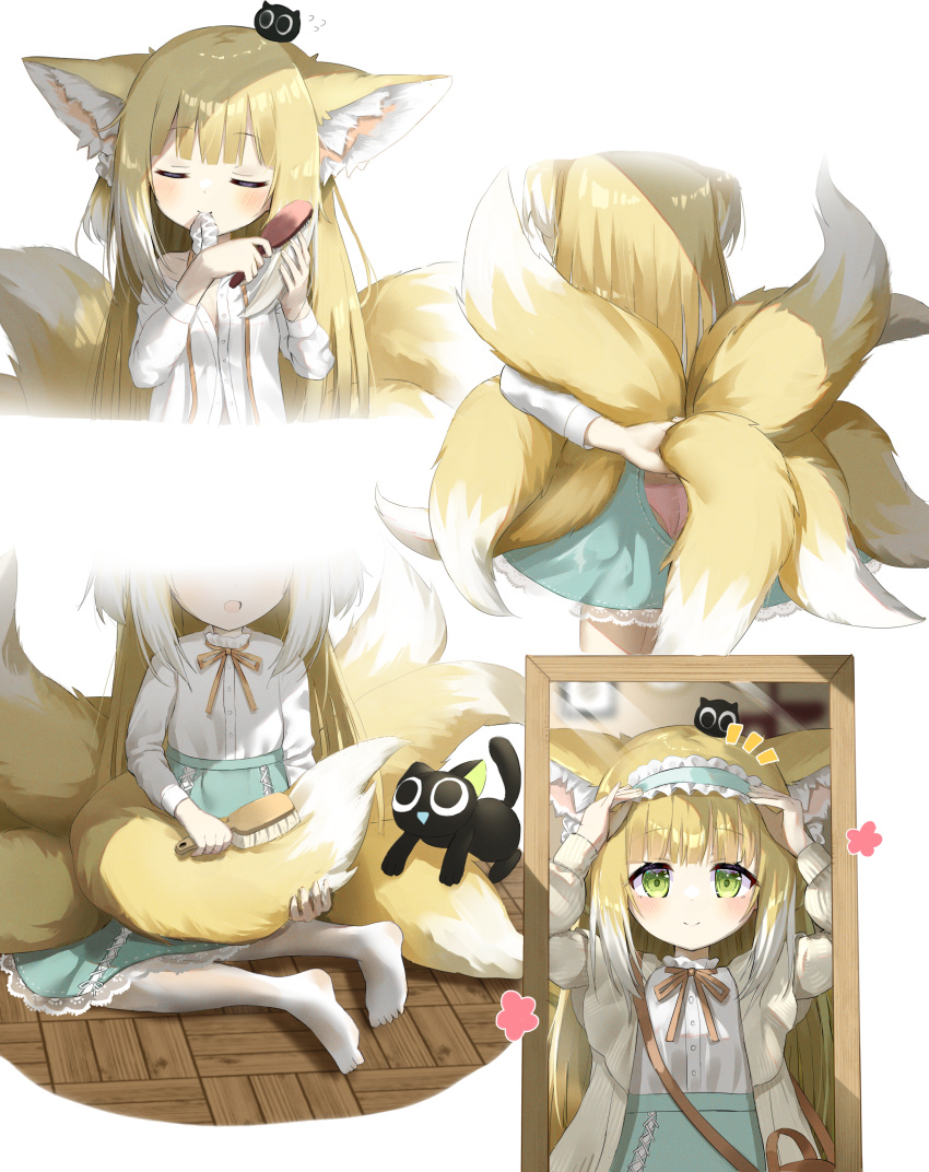 1girl :d absurdres animal_ear_fluff animal_ears arknights arms_up bag black_cat blonde_hair blue_hairband blue_skirt blush breasts brown_ribbon brushing_hair cat closed_eyes closed_mouth commentary_request crossover flying_sweatdrops fox_ears fox_girl fox_tail frilled_hairband frills green_eyes grey_jacket hair_brush hair_tie_in_mouth hairband heixiu highres holding holding_brush jacket kitsune long_hair long_sleeves luoxiaohei mirror mouth_hold multicolored_hair neck_ribbon no_shoes notice_lines on_floor on_head open_clothes open_jacket panties pantyhose pink_panties puffy_long_sleeves puffy_sleeves reflection ribbon scrunchie shirt shoulder_bag siera_(sieracitrus) simple_background skirt small_breasts smile suzuran_(arknights) suzuran_(spring_praise)_(arknights) tail tail_brushing the_legend_of_luo_xiaohei two-tone_hair underwear very_long_hair white_background white_hair white_pantyhose white_scrunchie white_shirt wooden_floor
