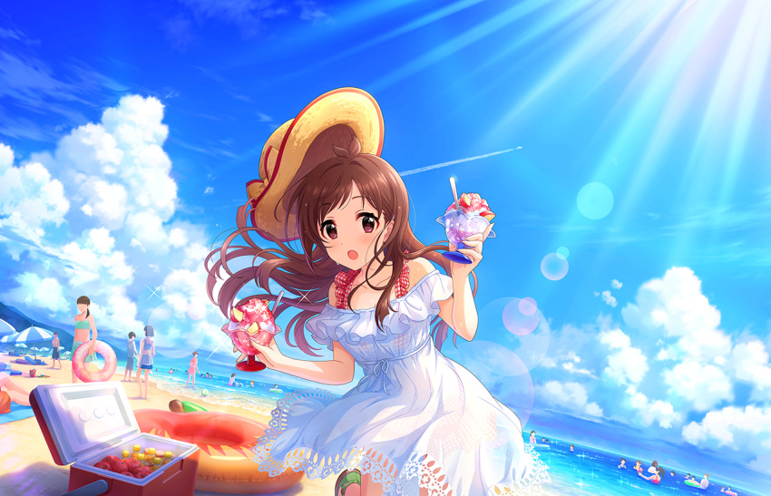 6+boys 6+girls apple apple_slice beach breasts brown_eyes brown_hair cloud cloudy_sky collarbone cooler day dress floating_hair food foot_out_of_frame fruit game_cg hat holding idolmaster idolmaster_cinderella_girls idolmaster_cinderella_girls_starlight_stage innertube lace-trimmed_dress lace_trim lens_flare looking_at_viewer multiple_boys multiple_girls official_art open_mouth outdoors parted_bangs sandals shadow shaved_ice sidelocks sky solo_focus standing standing_on_one_leg straw_hat sweatdrop tsujino_akari white_dress