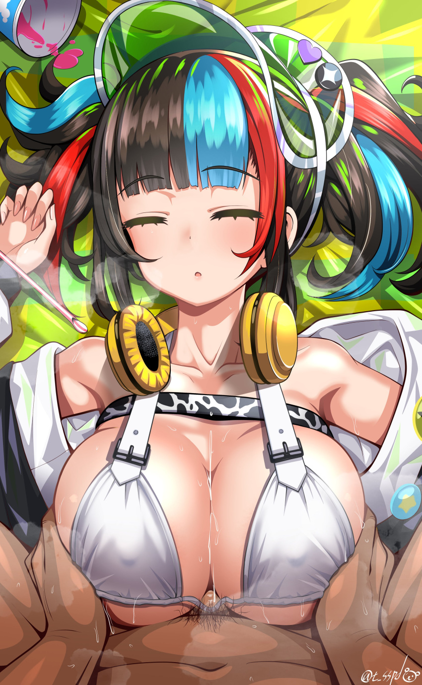 1boy 1girl absurdres badge bare_shoulders bikini black_hair blue_hair blush boy_on_top breasts breasts_squeezed_together button_badge cleavage closed_eyes covered_nipples fate/grand_order fate_(series) grabbing grabbing_another's_breast green_headwear headphones headphones_around_neck hetero highres jacket large_breasts long_hair long_sleeves lying multicolored_hair navel off_shoulder on_back open_clothes open_jacket open_mouth paizuri penis red_hair sei_shounagon_(fate) sei_shounagon_(swimsuit_berserker)_(fate) sekai_saisoku_no_panda sidelocks sleep_molestation sleeping swimsuit twintails visor_cap white_bikini white_jacket