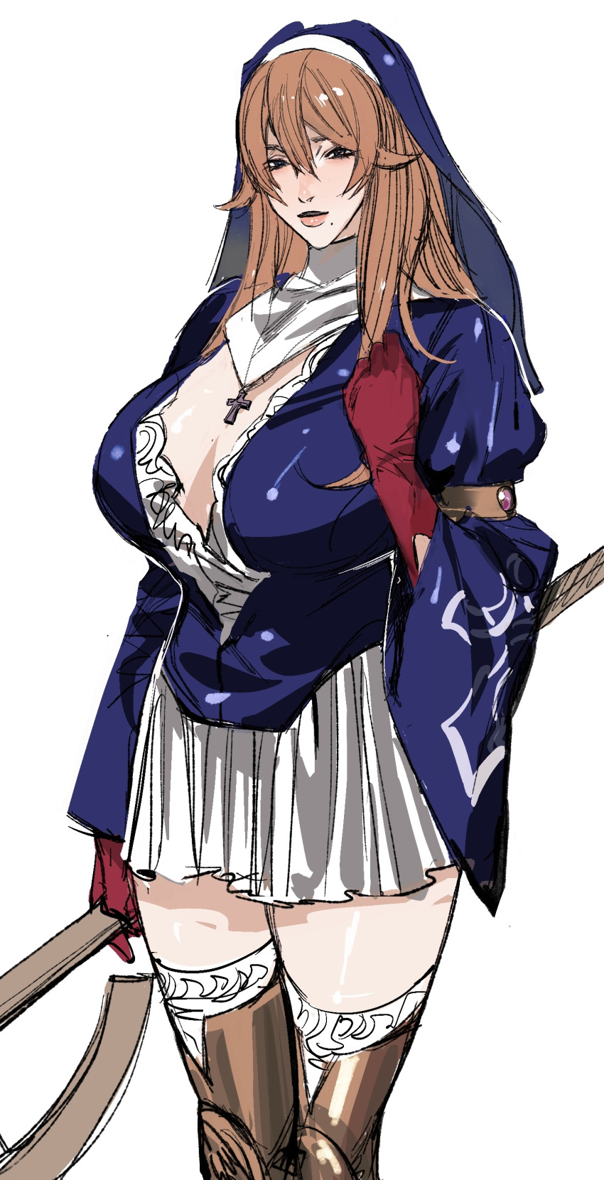 1girl absurdres axe blue_eyes blue_shirt blue_veil blush boots breasts brown_footwear brown_hair cross cross_necklace gloves hand_on_own_chest highres holding holding_axe jewelry large_breasts long_hair looking_at_viewer mole mole_under_mouth necklace nun original pink_eyes red_gloves shirt simple_background skirt smile solo thigh_boots thighhighs white_background white_skirt white_thighhighs xinanfang217