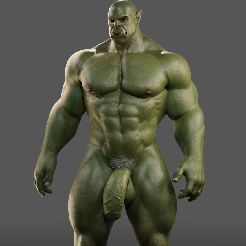 abs absurd_res fangs genitals green_body green_skin hi_res humanoid humanoid_pointy_ears male muscular muscular_humanoid muscular_male orc pecs penis pubes solo teeth vein veiny_penis voluox