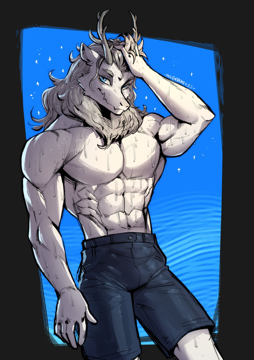 anthro ao_lie asian_mythology blue_bottomwear blue_clothing blue_eyes blue_jeans blue_pants bottomwear clothing denim denim_clothing dragon east_asian_mythology eastern_dragon fei_ren_zai_(non_human) grey_hair hair hi_res horn inugatami jeans looking_at_viewer male mane muscular muscular_male mythology pants solo sparkles touching_hair wet wet_body white_body