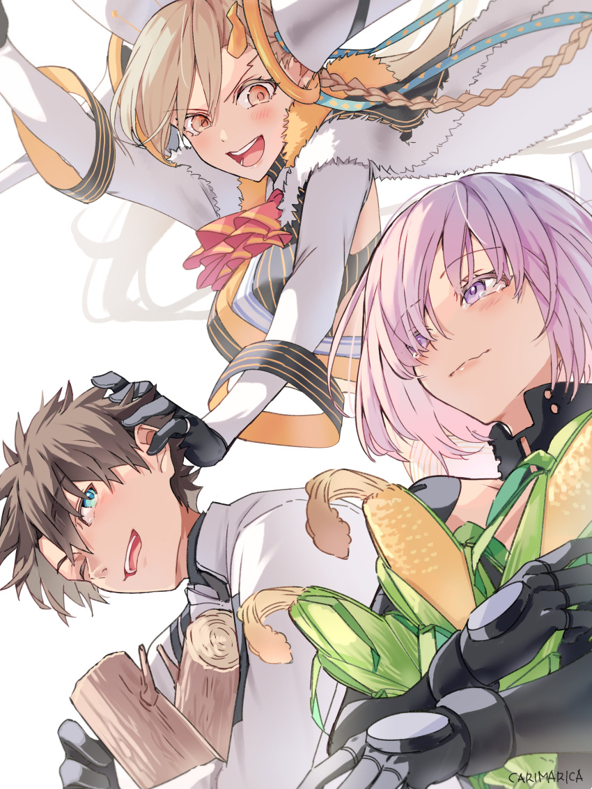 1boy 2girls absurdres ascot black_gloves black_hair blonde_hair blue_eyes carimarica corn_cob fate/grand_order fate_(series) fujimaru_ritsuka_(male) fujimaru_ritsuka_(male)_(decisive_battle_chaldea_uniform) gloves hand_on_another's_head highres horns log long_hair mash_kyrielight mash_kyrielight_(ortenaus) multiple_girls olga_marie_animusphere one_eye_closed purple_eyes purple_hair smile tears u-olga_marie white_background