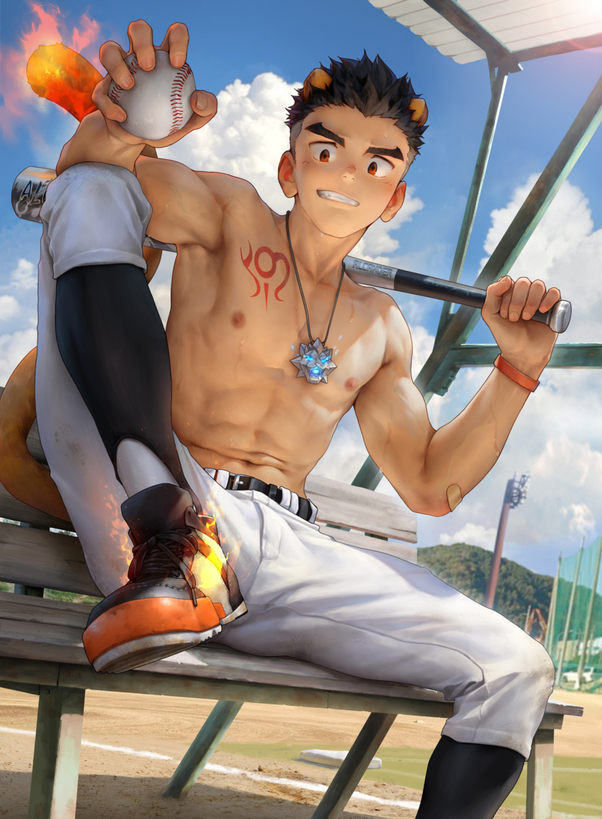 1boy abs aged_down alca_(wakatanka4) animal_ears ball bandaid bandaid_on_arm baseball_bat beitemian belt black_belt black_footwear black_hair chest_tattoo cloud day gyee highres holding holding_ball jewelry lion_boy lion_ears lion_tail looking_at_viewer male_focus navel necklace nipples outdoors pants short_hair sky smile solo tail tattoo teeth toned toned_male topless_male white_pants