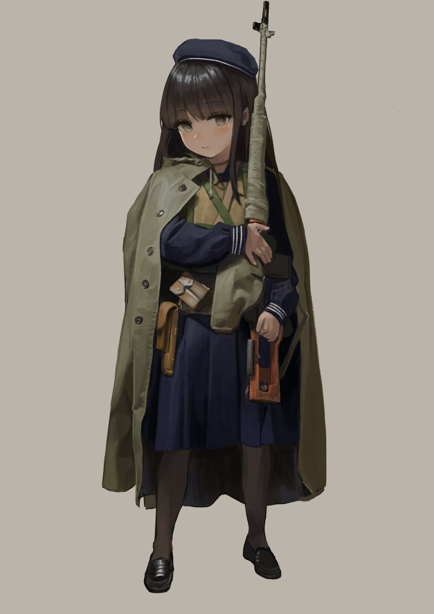 1girl absurdres black_pantyhose blue_headwear blue_shirt blue_sky brown_hair dragunov_svd garoppui green_jacket grey_background gun highres jacket looking_at_viewer open_clothes open_jacket original pantyhose rifle school_uniform serafuku shirt sky smile sniper_rifle solo weapon