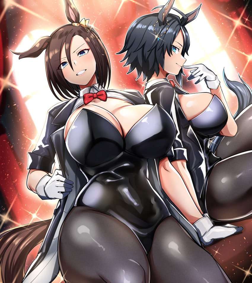 2girls absurdres ahoge air_groove_(umamusume) alternate_costume animal_ears arm_support black_hair black_jacket black_leotard black_pantyhose blue_eyes bow bowtie breasts brown_hair cleavage closed_mouth coattails commentary_request ear_bow ear_ornament ear_piercing eyeshadow fuji_kiseki_(umamusume) gloves grin hair_between_eyes hand_up highleg highleg_leotard highres horse_ears horse_girl horse_tail jacket large_breasts leotard looking_at_viewer makeup megao_3rd multicolored_hair multiple_girls open_clothes open_jacket pantyhose piercing playboy_bunny red_bow red_bowtie red_eyeshadow short_hair short_sleeves sidelocks sitting smile sparkle strapless strapless_leotard tail teeth traditional_bowtie umamusume white_gloves white_hair yellow_bow