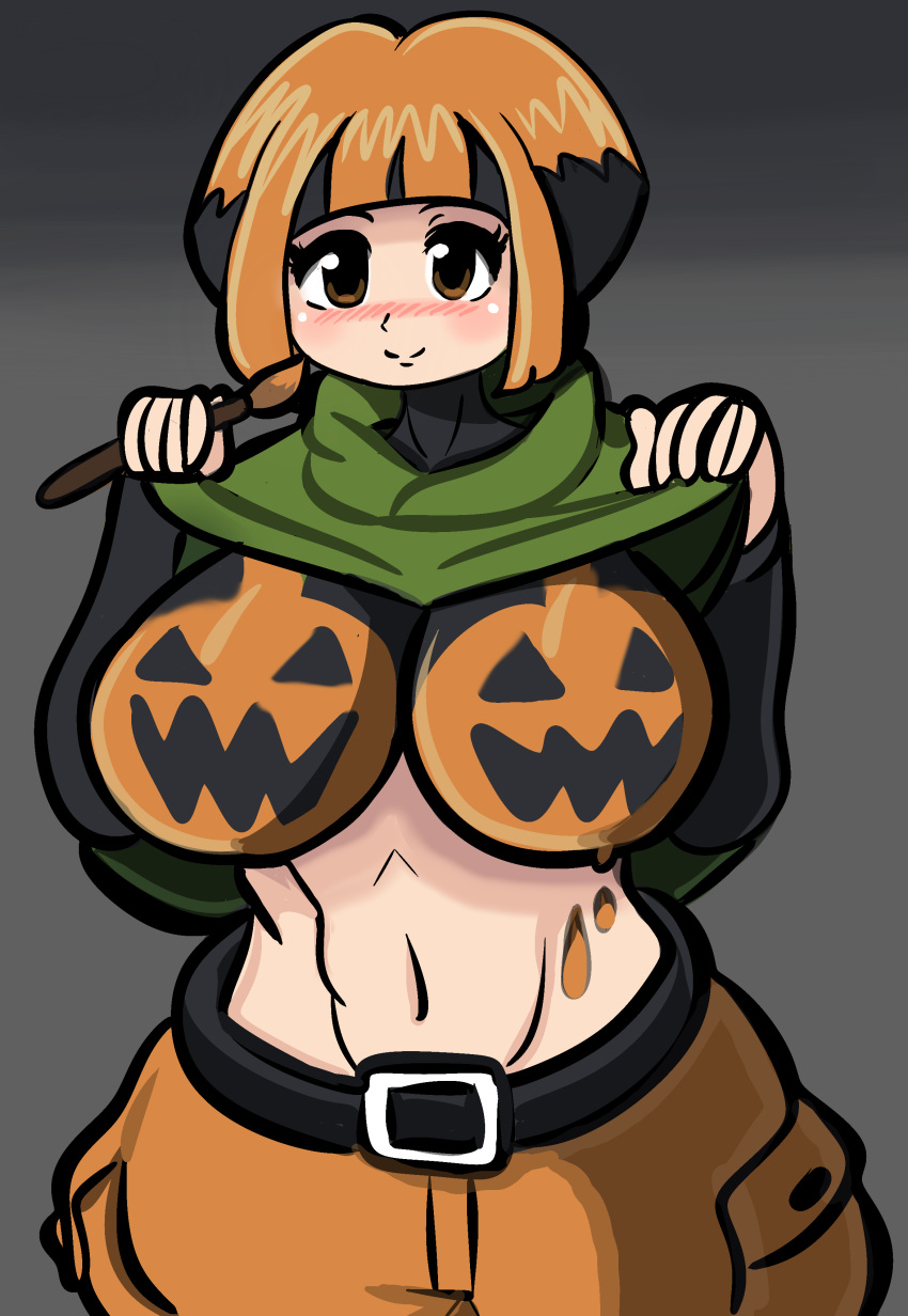 1girl absurdres blush bodypaint breasts brown_shorts closed_mouth clothes_lift desgardes gardenia_(pokemon) halloween highres large_breasts midriff multicolored_hair navel orange_eyes orange_shorts paintbrush pokemon pokemon_(game) pokemon_dppt poncho shorts smile two-tone_hair