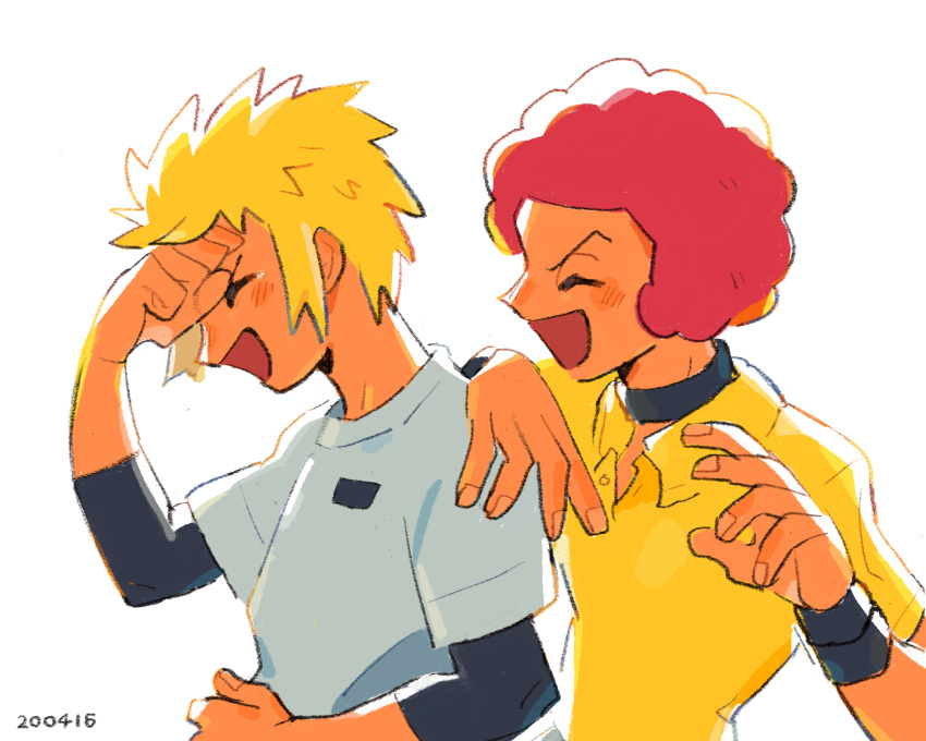 2boys afro alternate_costume blonde_hair closed_eyes collared_shirt flint_(pokemon) highres hmtmgl laughing male_focus multiple_boys pokemon pokemon_(game) pokemon_dppt red_hair shirt simple_background smile upper_body volkner_(pokemon) white_background wristband yellow_shirt