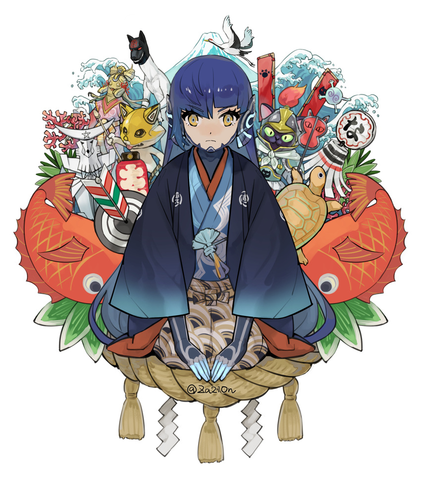 1boy animal bird blue_eyes blue_hair cat chironup closed_mouth fish flag highres holding inugami_(megami_tensei) japanese_clothes kaya-no-hime_(megami_tensei) lantern long_hair looking_at_viewer male_focus mountain neko_shogun paw_print protagonist_(smtv) shiki-ouji_(megami_tensei) shin_megami_tensei shin_megami_tensei_v simple_background sitting sudama_(shin_megami_tensei) turtle twitter_username very_long_hair yellow_eyes za210n