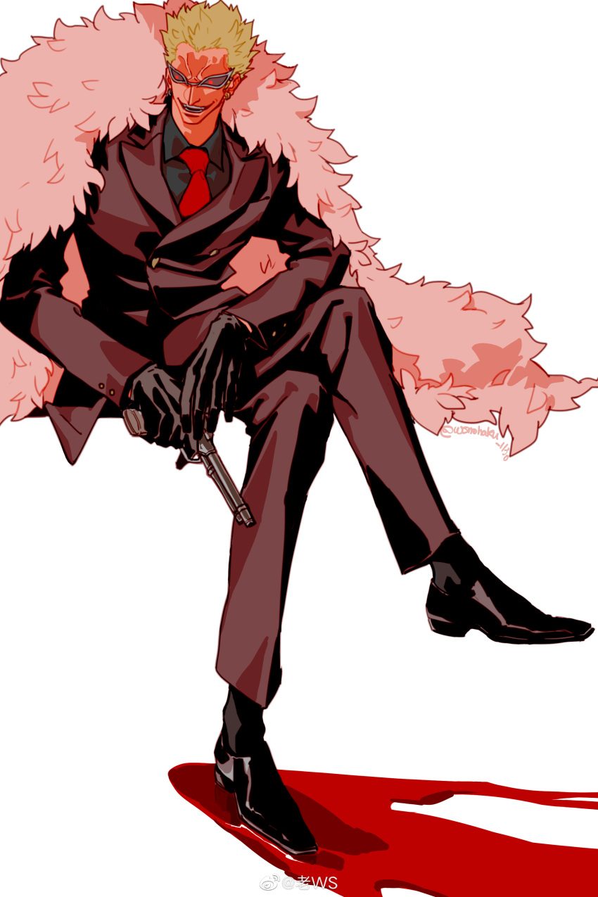 1boy absurdres black_gloves blonde_hair blood_trail donquixote_doflamingo earrings evil_smile feather_coat formal full_body gloves gun highres holding holding_gun holding_weapon jewelry killuaz1130 looking_to_the_side male_focus necktie official_alternate_costume one_piece red_necktie red_pupils shirt shoes short_hair smile suit sunglasses symbolism weapon