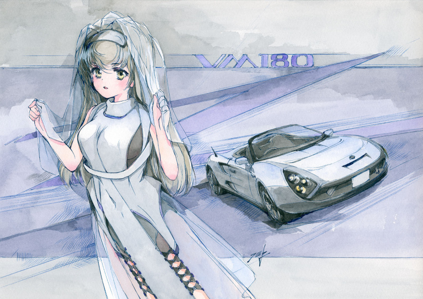 1girl breasts brown_eyes brown_hair commentary_request dress grey_dress hands_up hi_fumiyo highres long_hair looking_at_viewer medium_breasts original parted_lips personification see-through sleeveless sleeveless_dress solo toyota_mr2 traditional_media veil very_long_hair