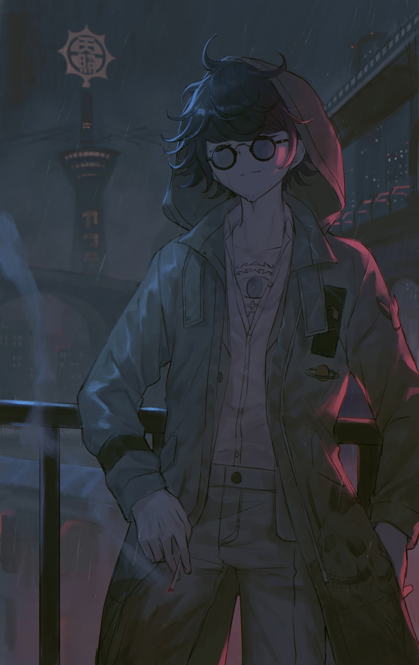1boy absurdres against_railing blue_hair chest_tattoo cigarette closed_eyes closed_mouth coat collared_shirt commentary_request cowboy_shot eye_tattoo facing_viewer glasses grey_coat grey_pants highres holding holding_cigarette hood hood_up ikakun13 long_sleeves male_focus master_detective_archives:_rain_code night open_clothes open_coat outdoors pants railing rain round_eyewear shirt short_hair sky smoke smoking solo standing tattoo tower white_shirt yakou_furio