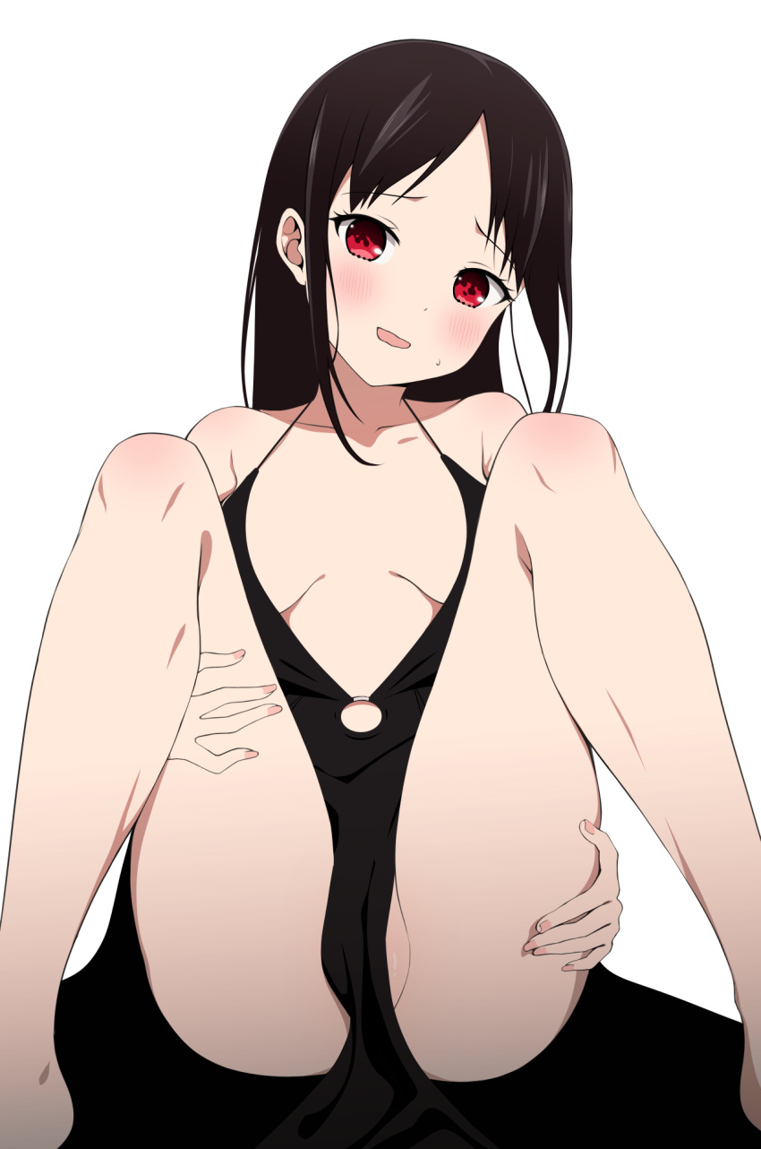 1girl black_dress black_hair blush breasts collarbone coro_fae dress highres kaguya-sama_wa_kokurasetai_~tensai-tachi_no_renai_zunousen~ knees_up nervous_smile open_mouth paid_reward_available parted_bangs partially_visible_vulva plunging_neckline red_eyes shinomiya_kaguya sidelocks simple_background sitting smile solo sweat sweatdrop thighs white_background