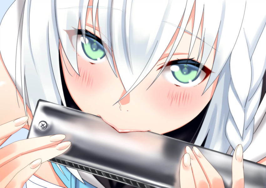 1girl blush braid green_eyes hair_between_eyes harmonica highres hololive instrument looking_at_viewer music playing_instrument sexually_suggestive shirakami_fubuki single_braid solo virtual_youtuber white_hair zabudog777