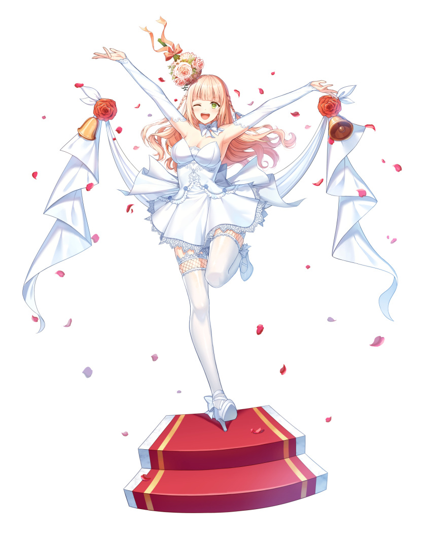 1girl ;d ankle_bow armpits arms_up back_bow banner bare_shoulders bell blunt_bangs blush bouquet bouquet_toss bow bowtie braid breasts bridal_gauntlets cleavage closers dress falling_petals faux_figurine floating_hair flower full_body green_eyes hair_ribbon hands_up high_heels highres lace-trimmed_dress lace-trimmed_thighhighs lace_trim leg_up long_hair looking_at_viewer medium_breasts official_art one_eye_closed orange_bow orange_hair petals pink_flower pink_rose red_carpet red_flower red_rose ribbon rose short_dress side_braids smile solo soma_(closers) stairs standing standing_on_one_leg strapless strapless_dress teeth thighhighs upper_teeth_only wedding_dress white_background white_bow white_bowtie white_bridal_gauntlets white_dress white_footwear white_ribbon white_thighhighs