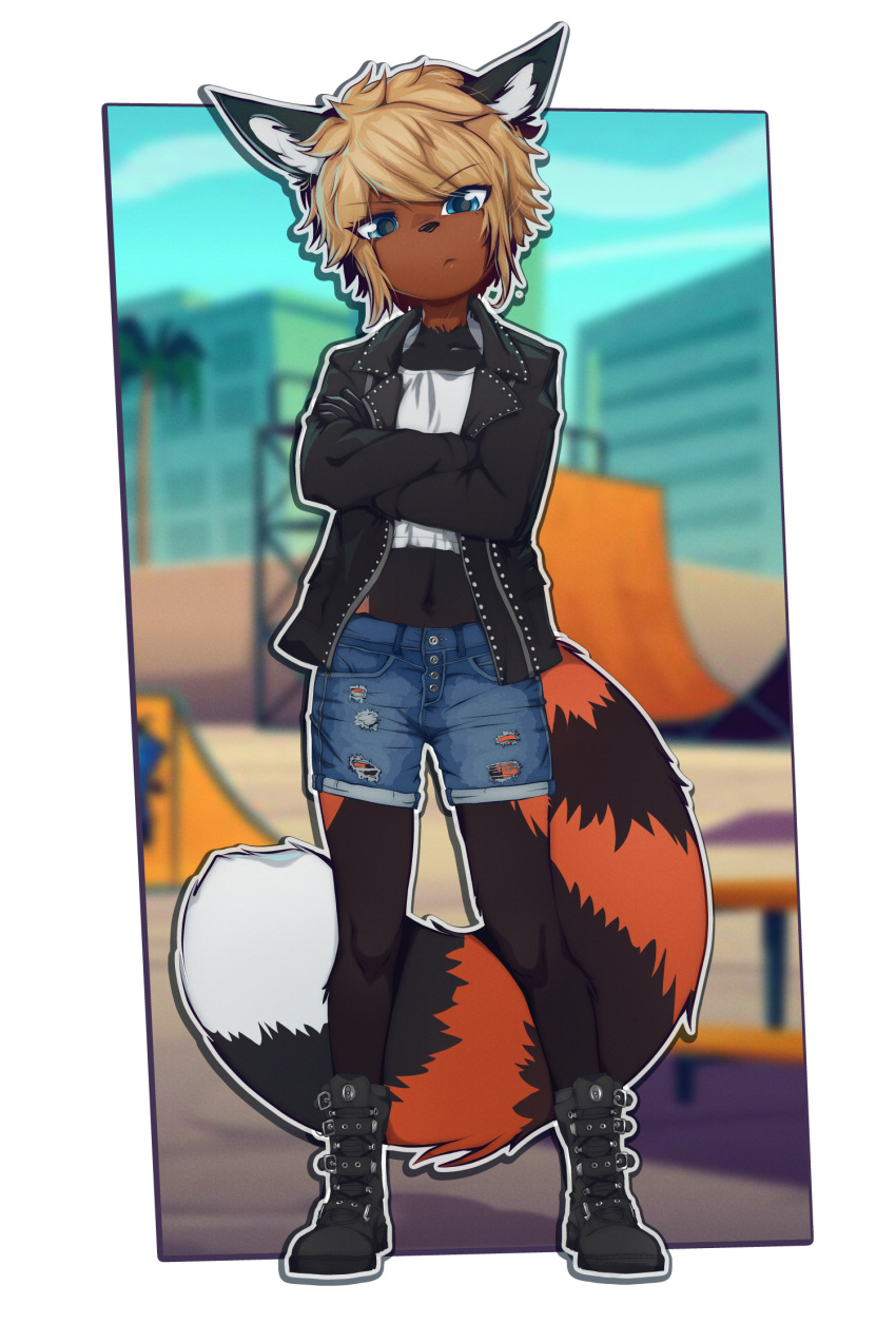 ailurid anthro black_nose blonde_hair blue_eyes boots bottomwear clothed clothing crossed_arms dipstick_tail female footwear hair hi_res looking_at_viewer mammal markings midriff navel red_panda ring_(marking) ringtail shorts sicmop solo tail tail_markings young