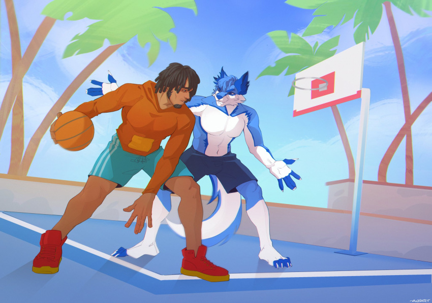 ansart anthro basketball basketball_court canid canine canis clothed clothing domestic_dog duo hi_res human husky karleo_(karleo7) male male/male mammal nordic_sled_dog phillip_jr_(sketchy_pc) spitz