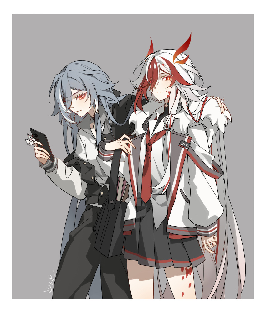 2girls absurdres alternate_costume artist_request bag black_pants black_skirt closed_mouth dual_persona expressionless fu_hua fu_hua_(herrscher_of_sentience) fur_trim grey_hair hair_over_one_eye highres holding holding_phone honkai_(series) honkai_impact_3rd jingwei_(bird) long_hair looking_at_phone looking_at_viewer multicolored_hair multiple_girls necktie pants phone red_eyes red_necktie signature simple_background skirt streaked_hair very_long_hair white_hair white_sleeves