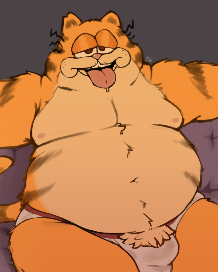 4:5 absurd_res age_difference anthro blem-bop bulge clothing domestic_cat felid feline felis furniture hi_res humanoid male mammal moobs musk narrowed_eyes nipples older_male overweight overweight_male pubes pubes_exposed slightly_chubby sofa solo tired tongue underwear vic_(garfield)