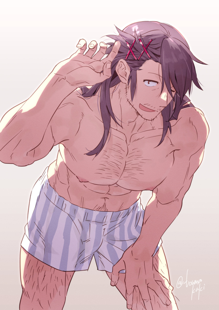 1boy :d abs alternate_hairstyle bara boxers bulge chest_hair collarbone dasshu_(dashi_now) feet_out_of_frame hand_on_own_thigh hand_up highres ishuzoku_reviewers large_pectorals leaning_forward leg_hair long_hair looking_at_viewer male_focus male_underwear mature_male muscular muscular_male mustache_stubble navel navel_hair nipples pectorals sidelocks smile solo sparse_stubble stomach striped_underwear stunk topless_male underwear