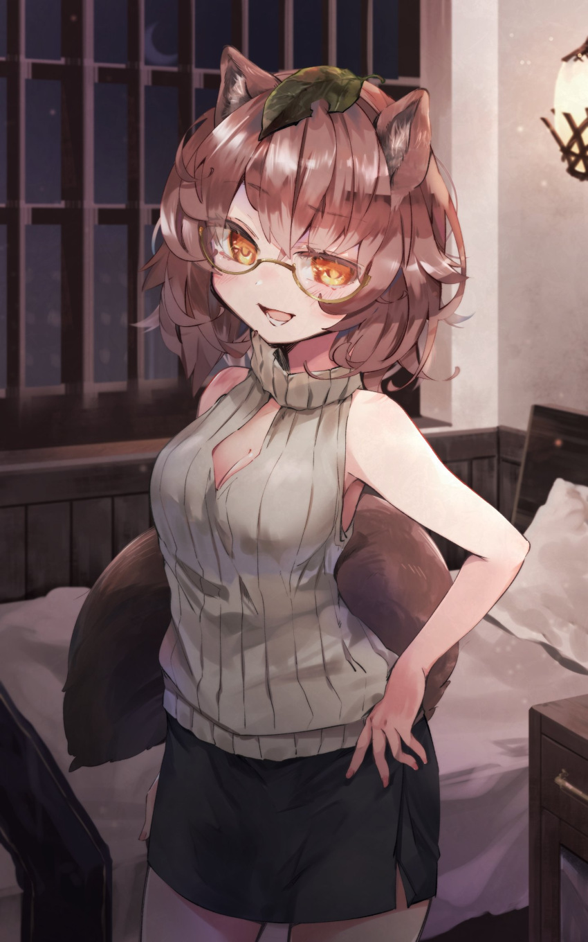 1girl :d animal_ear_fluff animal_ears bare_arms bare_shoulders bed black_skirt breasts brown_hair cleavage_cutout clothing_cutout commentary_request commission crescent_moon eyes_visible_through_hair futatsuiwa_mamizou glasses grey_sweater hair_between_eyes hands_on_own_hips highres indoors lamp leaf leaf_on_head light_blush looking_at_viewer medium_breasts medium_hair moon nanana_(nanana_iz) night open_mouth orange_eyes pencil_skirt pillow raccoon_ears raccoon_girl raccoon_tail ribbed_sweater semi-rimless_eyewear skeb_commission skirt sleeveless sleeveless_sweater sleeveless_turtleneck smile solo sweater tail touhou turtleneck turtleneck_sweater under-rim_eyewear window yellow-framed_eyewear