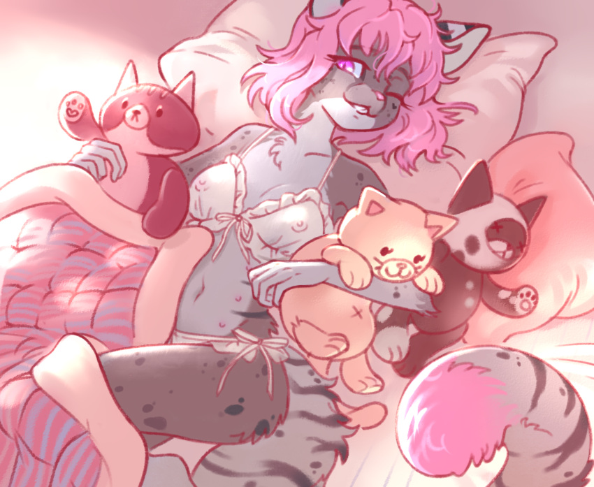 anthro bed belly breasts clothing cuddling_plushie domestic_cat felid feline felis female fluffy fur furniture fynnley_(character) hair hi_res littlesis lying mammal mixed_breed multi_nipple navel nipples on_back on_bed pillow pink_eyes pink_hair plushie savannah_cat small_breasts smile smiling_at_viewer solo spots spotted_body spotted_fur striped_body striped_fur stripes white_belly