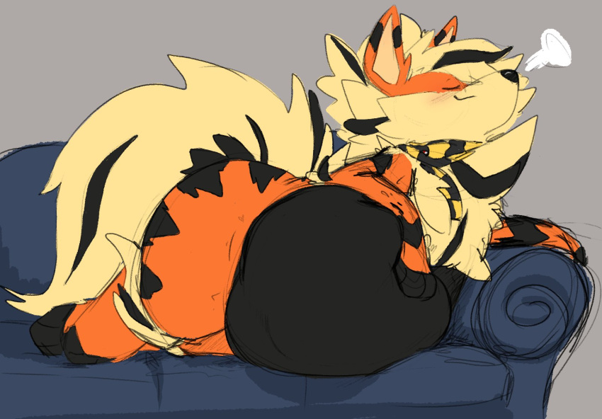 2023 abdominal_bulge arcanine arlean_(raster_dreams) belly big_belly blush ears_up eyes_closed feral furniture generation_1_pokemon hand_on_furniture hi_res lying_on_sofa nintendo on_sofa orange_body pokemon pokemon_(species) raised_head raster_dreams sigh simple_background sofa tail vore