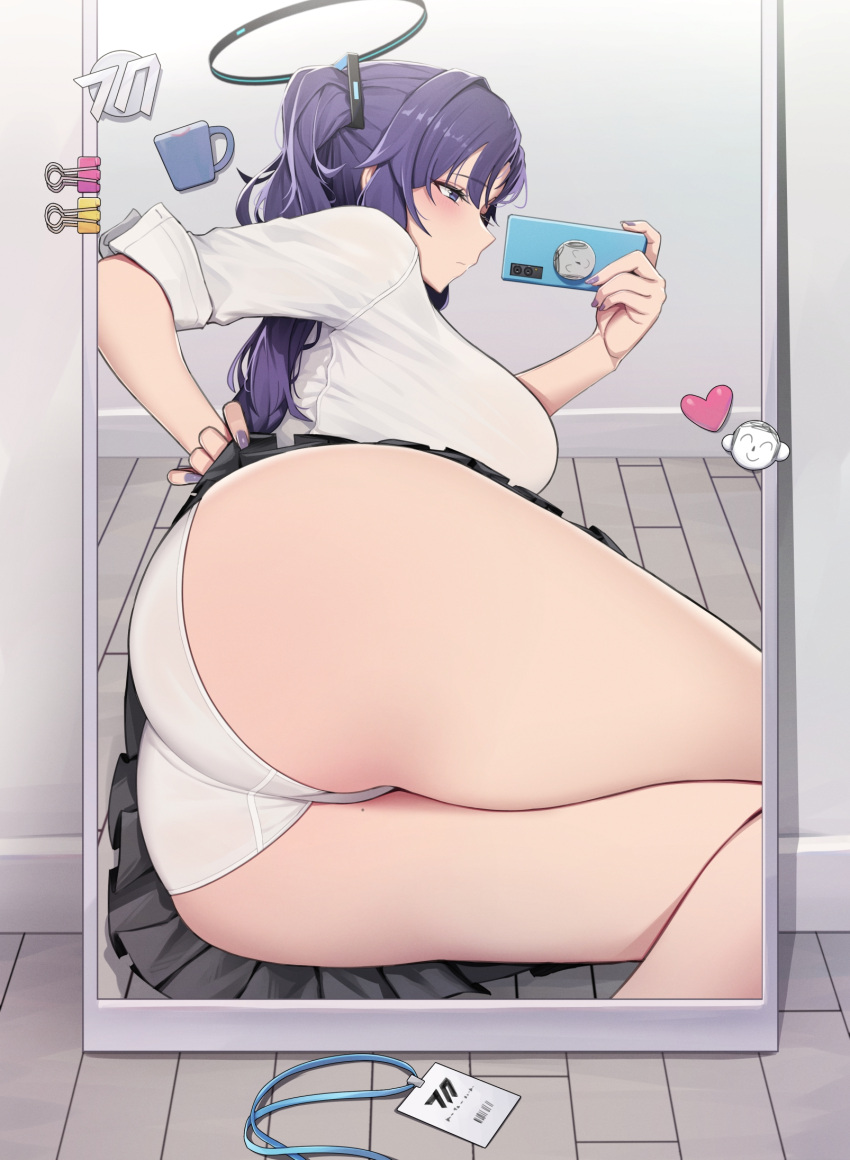 1girl arona's_sensei_doodle_(blue_archive) ass binder_clip blue_archive blue_eyes breasts cellphone closed_mouth clothes_lift hair_ornament halo heart highres holding holding_phone lanyard large_breasts lifted_by_self long_hair lying mirror mole mole_on_thigh on_side panties phone purple_hair purple_nails reflection selfie sensei_(blue_archive) skirt skirt_lift smartphone solo underwear white_panties yuuka_(blue_archive) yzr_(yzr99)
