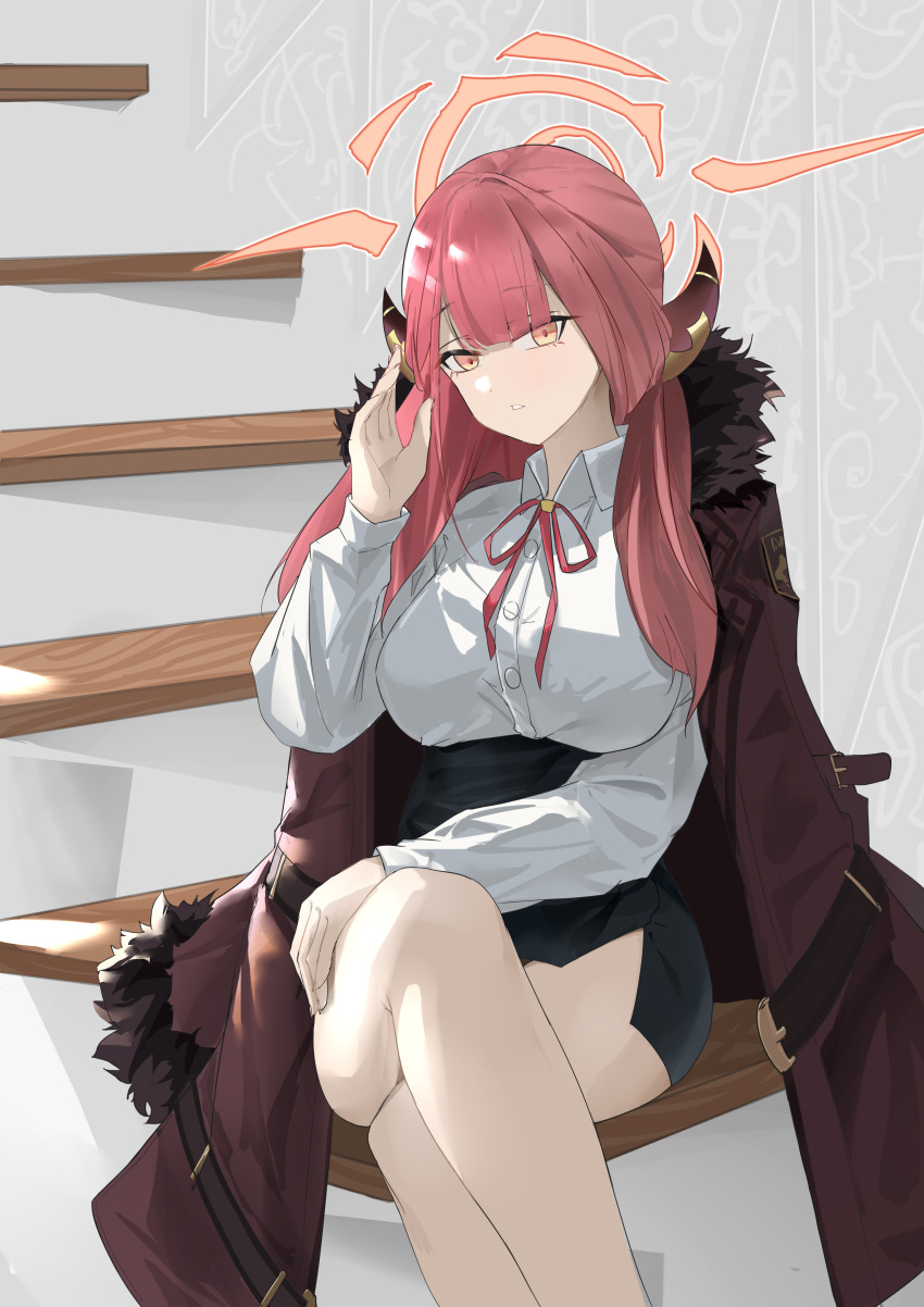 1girl absurdres aru_(blue_archive) bare_legs black_skirt blue_archive breasts coat coat_on_shoulders crossed_legs demon_horns feet_out_of_frame feixiangdeguoli fur-trimmed_coat fur_trim halo hand_on_own_thigh high-waist_skirt highres horns indoors large_breasts looking_at_viewer miniskirt neck_ribbon pink_hair ribbon shirt sitting skirt solo white_shirt