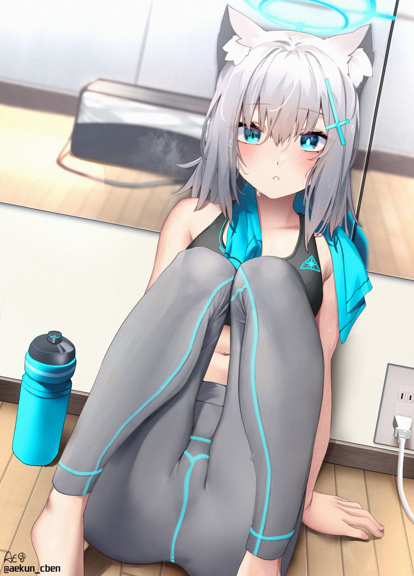 aekun_cben against_mirror animal_ear_fluff animal_ears bag barefoot black_sports_bra blue_archive blue_eyes blue_halo blush bottle cross_hair_ornament duffel_bag electrical_outlet grey_hair grey_pants hair_ornament halo highres knees_up legs medium_hair mirror mismatched_pupils on_floor pants shiroko_(blue_archive) sitting sports_bra sweat sweatdrop towel water_bottle wolf_ears wooden_floor yoga_pants