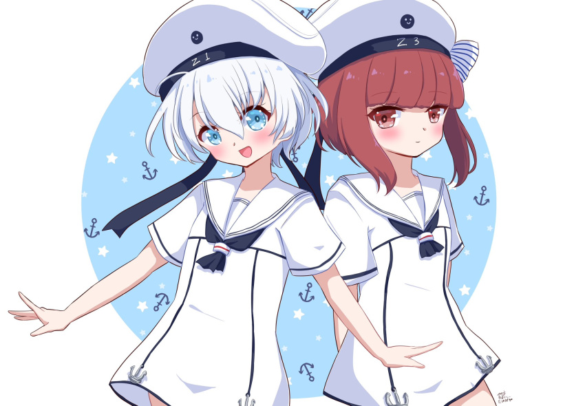 adapted_costume alternate_color anchor_symbol black_neckerchief blue_eyes brown_eyes brown_hair commentary_request dress hat highres kantai_collection neckerchief pista_land sailor_collar sailor_dress sailor_hat short_hair sidelocks smile white_dress white_hair white_headwear white_sailor_collar z1_leberecht_maass_(kancolle) z3_max_schultz_(kancolle)