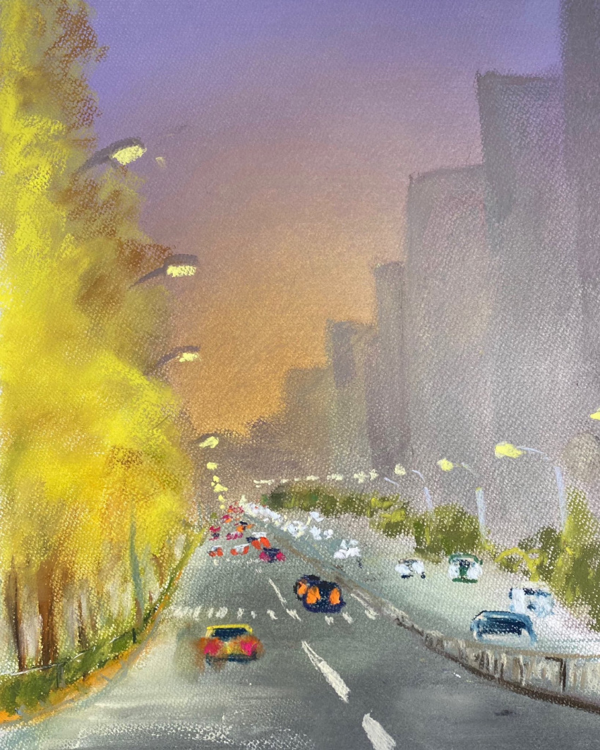 building highres highway lamppost no_humans original painting_(medium) pastel_(medium) road sakaue111 scenery traditional_media tree utility_pole