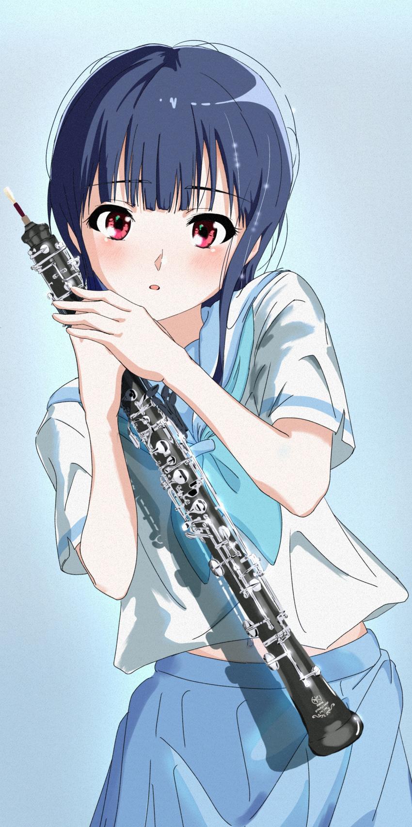 1girl absurdres blue_background blue_hair blue_neckerchief blue_sailor_collar blue_serafuku blue_skirt blush clarinet commentary cowboy_shot film_grain hibike!_euphonium highres holding holding_instrument instrument kazu_(kauk3753) long_hair looking_at_viewer midriff_peek neckerchief open_mouth pleated_skirt red_eyes sailor_collar school_uniform serafuku shadow shirt short_sleeves sidelocks skirt solo white_shirt yoroizuka_mizore