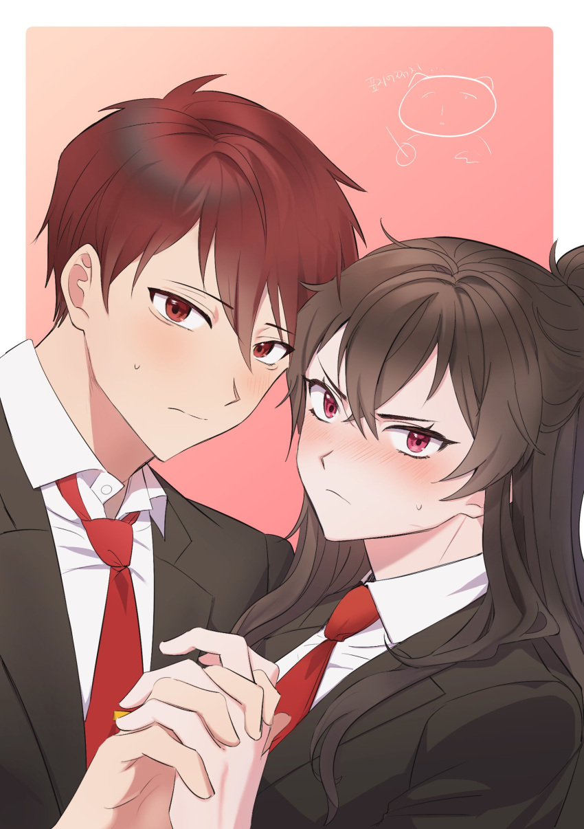 1boy 1girl absurdres black_jacket blush brown_hair closed_mouth collared_shirt frown highres holding_hands jacket jajeon_liu library_of_ruina long_hair long_sleeves looking_at_viewer lowell_(library_of_ruina) necktie project_moon red_eyes red_hair red_necktie shirt sweat upper_body very_long_hair white_shirt wing_collar xiao_(library_of_ruina)